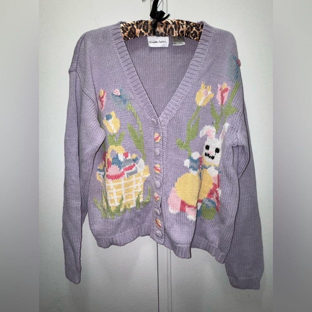 Alexandra Bartlett Purple Ramie Easter Cardigan Sweater Size L Vintage 90’s Rare